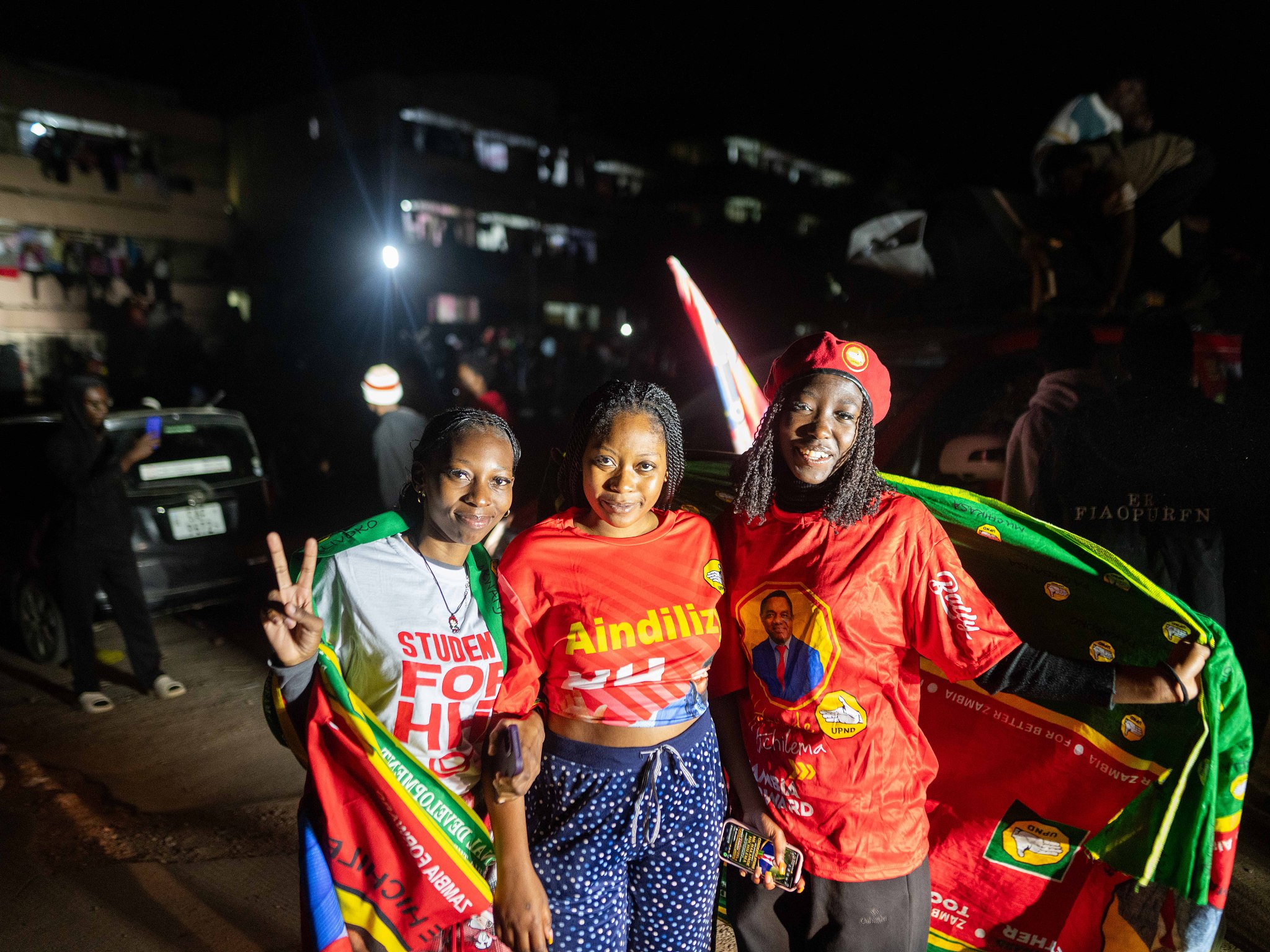 Students at the University of Zambia (UNZA) posed for a photo to celebrate the announcement of the presidential election results in Lusaka, Zambia, August 18, 2026. /CFP