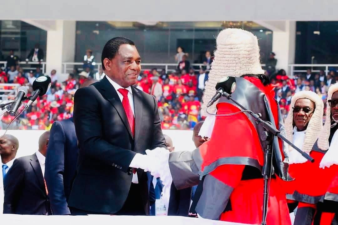 Hakainde Hichilema is sworn in for a second five-year term as president, in Lusaka, Zambia, September 1, 2026. /Zambia Army