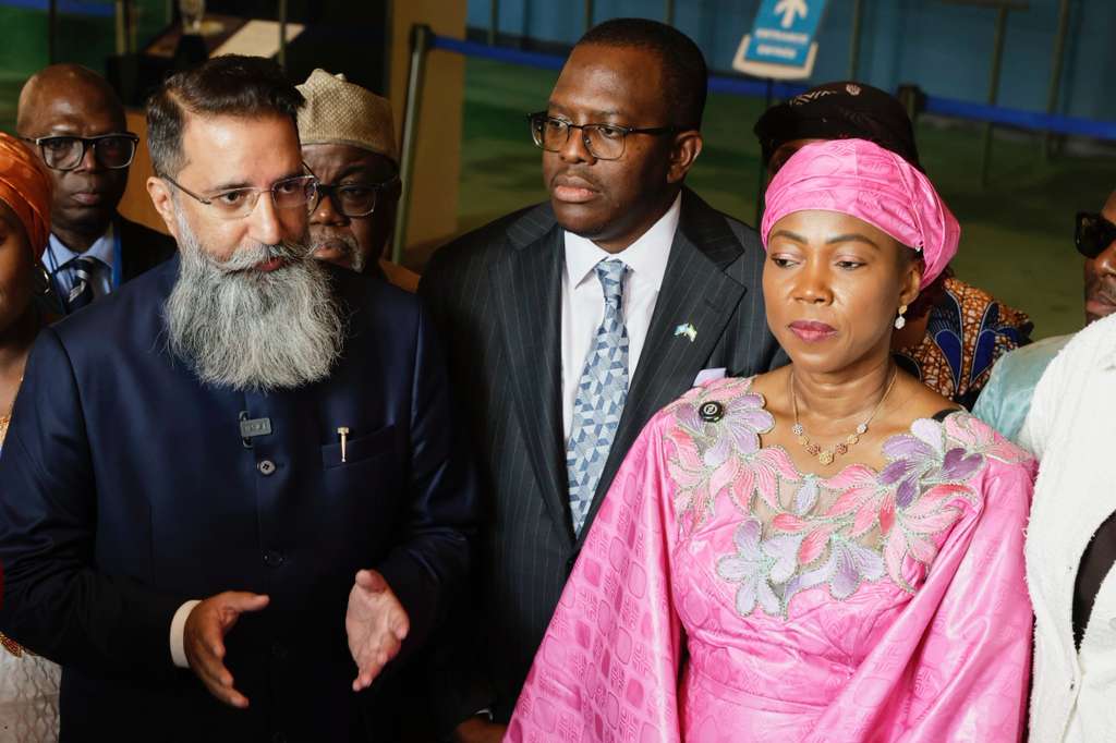 Child activist Bhuwan Ribhu, founder of Just Rights for Children (L) and Sierra Leone's First Lady, Fatima Maada Bio (R), September 4, 2026. /UN