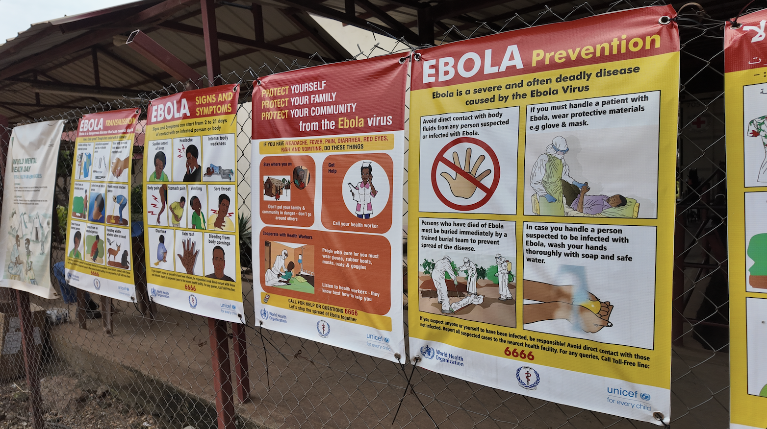 Posters on Ebola awareness and prevention are seen on a fence inside the Juba Military Hospital in Juba, South Sudan, on August 21, 2026. /David Mbewa/CGTN Africa