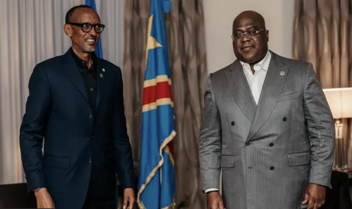 Rwanda's President Paul Kagame (L) and his DR Congo counterpart Felix Tshisekedi during a past meeting, March 12, 2024. /Rwanda's Presidency