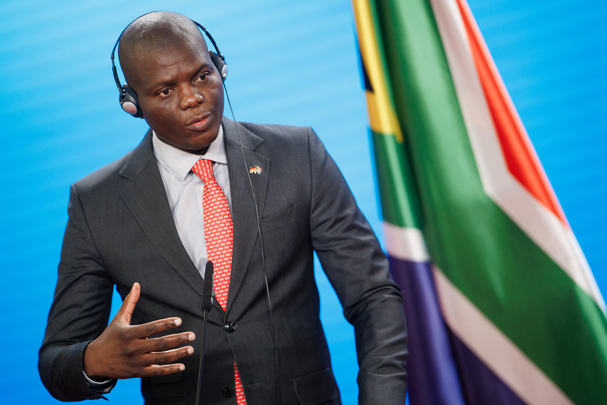 FILE: South Africa's Minister of International Relations and Cooperation Ronald Lamola speaks during a press conference with his German counterpart at the Federal Foreign Office in Berlin, Germany, April 13, 2026. /CFP