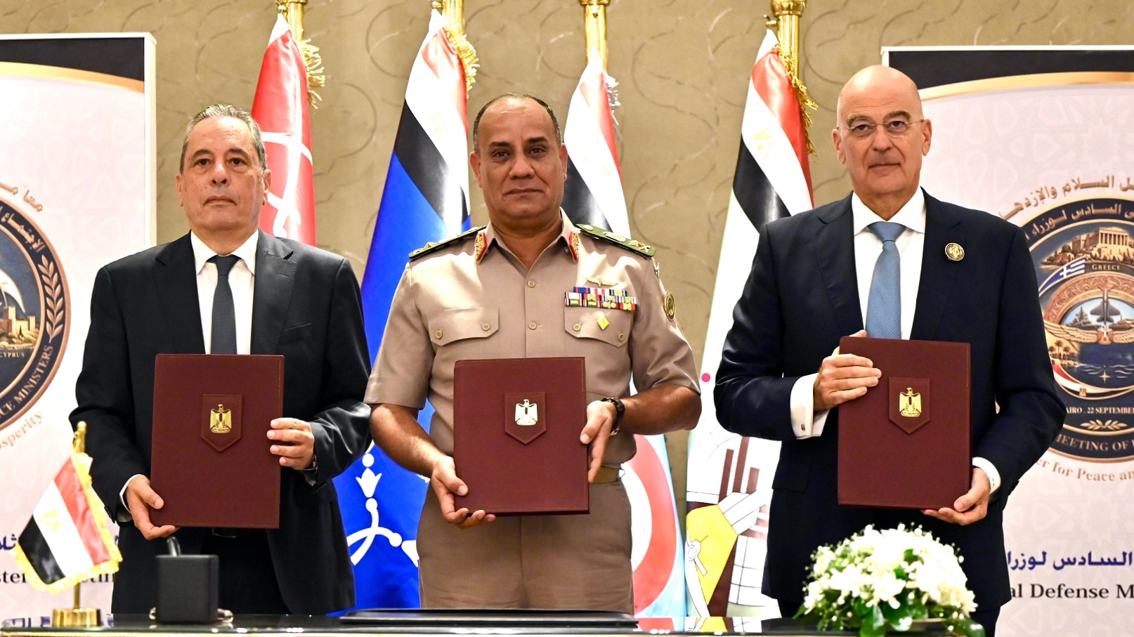 Egyptian Defense Minister Ashraf Salem Zaher (C), Greek Defense Minister Nikos Dendias (R) and Cypriot Defense Minister Vasilis Palmas meet in Cairo, Egypt, September 23, 2026. /Greek Ministry of National Defence