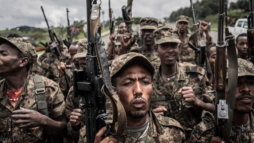 Ethiopian National Defence Forces shout slogans after completing training at the Dabat battlefield in Gondar, Ethiopia, September 14, 2021. /VCG
