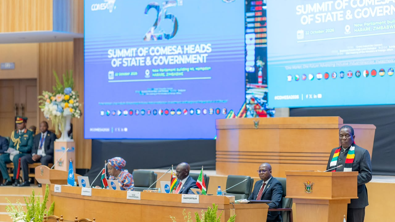 Kenyan President William Ruto's X post of Zimbabwean President Emmerson Mnangagwa addressing the 25th COMESA Heads of State and Government Summit at the New Parliament Building in Harare, Zimbabwe, October 22, 2026. /@WilliamsRuto