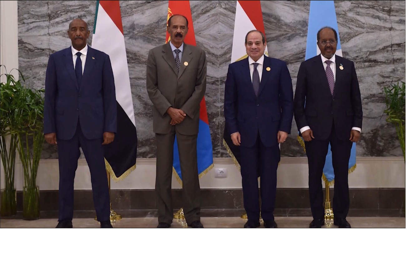 General Abdel Fattah Al-Burhan (1st L), President Isaias Afwerki (2nd L), President Abdel Fattah El-Sisi (2nd R) and President Hassan Sheikh Mohamud (1st R) pose for a photo after adopting the El Alamein Joint Declaration on October 4, 2026./CGTN