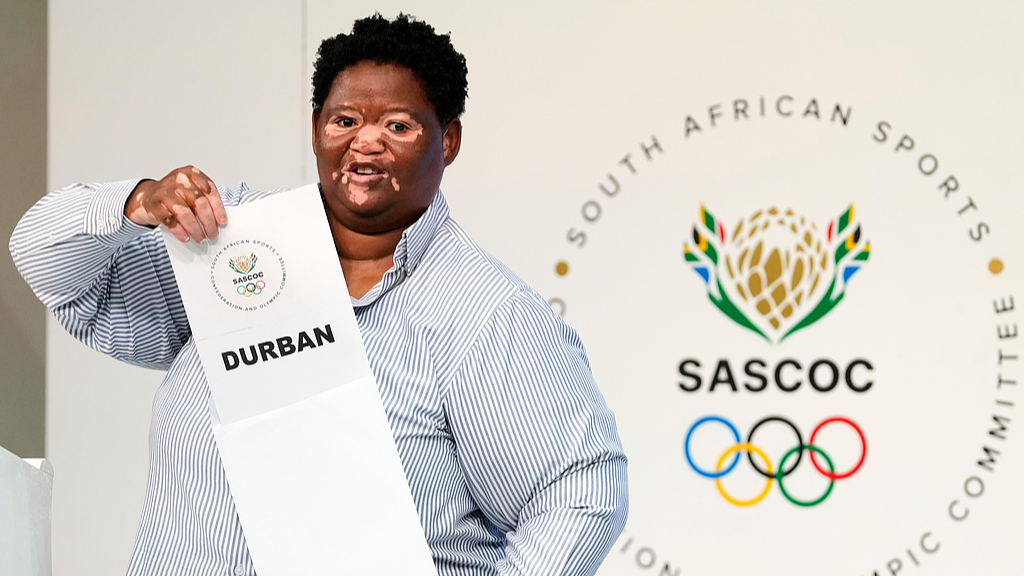 South African Olympic Committee acting president Lwandile Simelane announces Durban as the main candidate city for South Africa's bid during a media briefing in Johannesburg, South Africa, on October 29, 2026. /VCG
