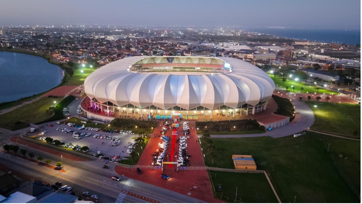 Aerial view of Nelson Mandela Bay Stadium, venue of a China-Africa automotive partnership gathering in Gqeberha, South Africa, October 28, 2026. /BAIC FOTON International